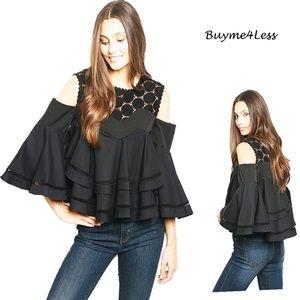 Cold Shoulder Bell Sleeve Lace Ruffle Blouse Top